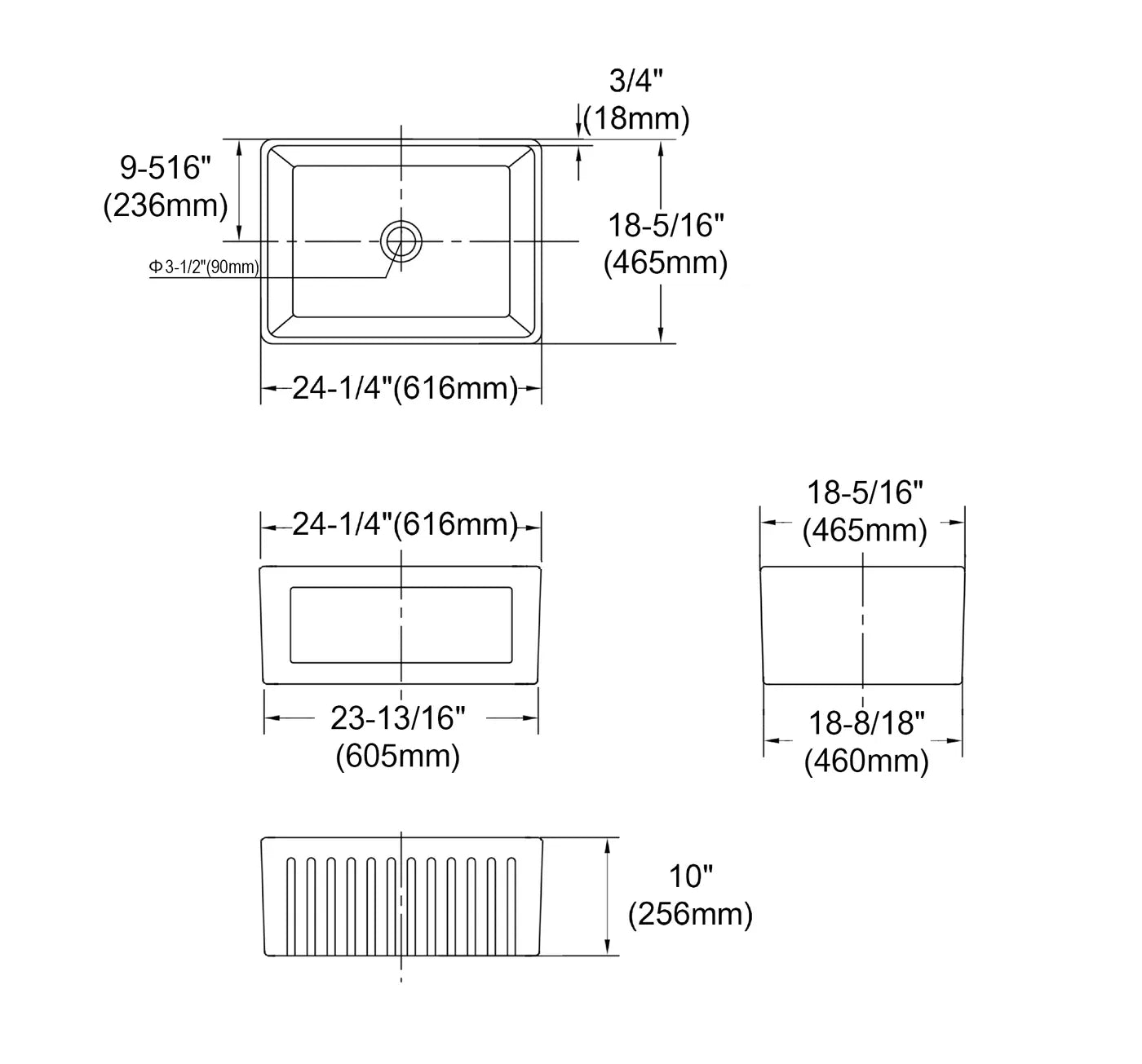 Reversible Basin with 2 different facings available with Vertical Rib and Box-facing Waste sold separately WK105