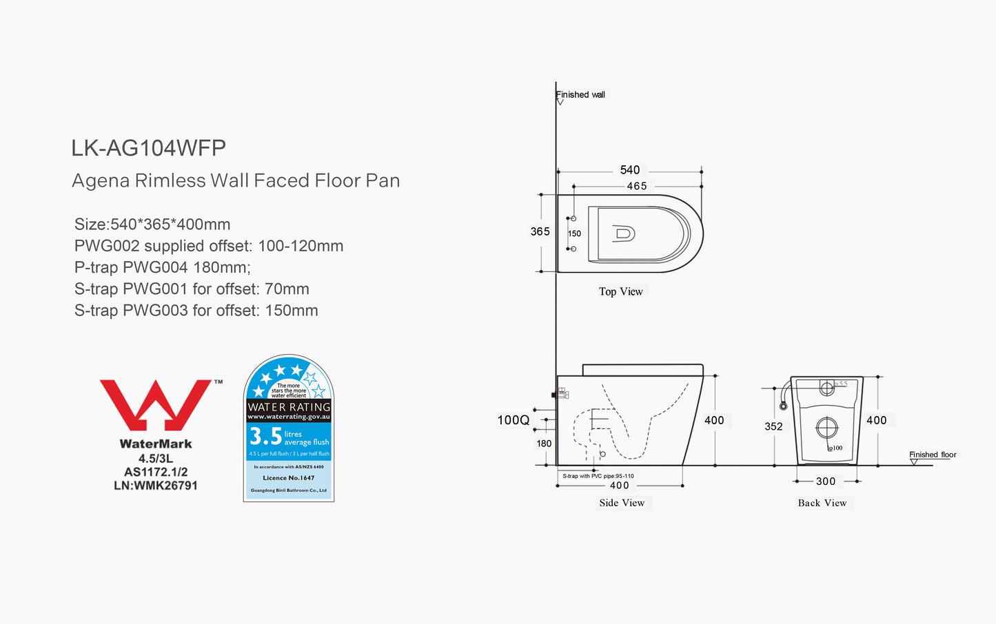Agena Rimless Wall Faced Floor Toilet Pan LK-AG104WFP