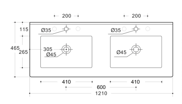 Slim Line Ceramic Top 1200x460x170 Double Bowl with Taphole & Overflow