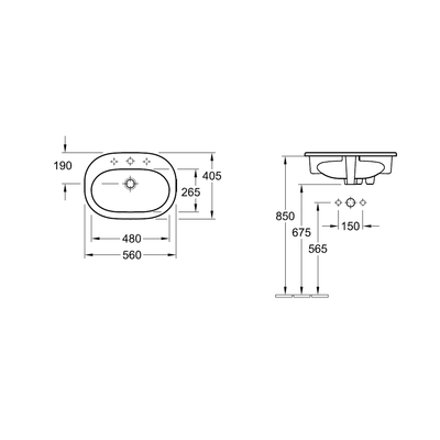 O.novo 560 Drop In Basin 3 Tap Hole