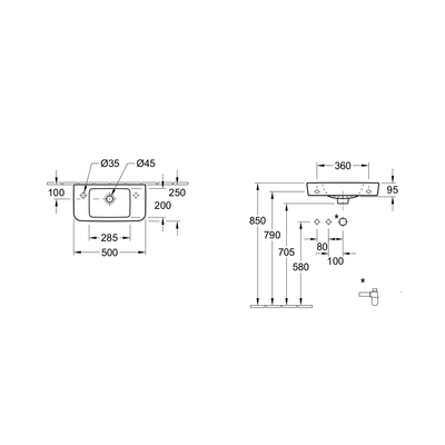 O.novo 2.0 500 Hand Wash basin 1 Tap Hole Left Hand