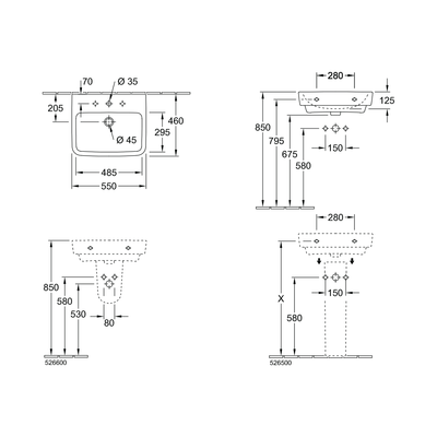 O.novo 2.0 550 Wall Basin 1 Tap Hole NO Over Flow Trap Cover