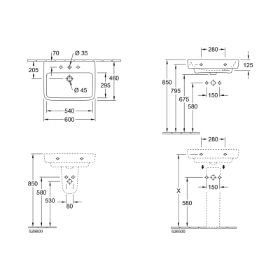O.novo 2.0 600 Wall Basin 1 Tap Hole NO Over Flow