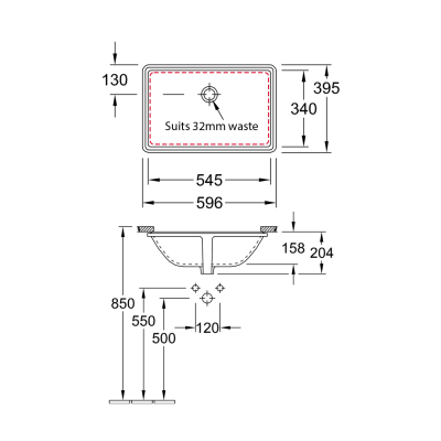 O.novo 545 Rectangular Under Counter Basin No Tap Hole