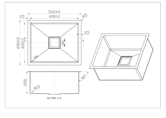 540x450x220mm Single Bowl Stainless Steel Sink