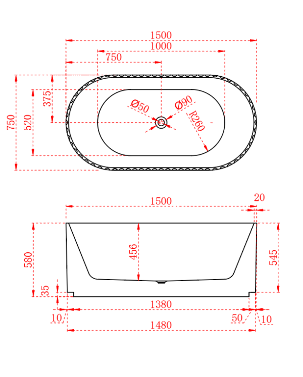 Roma fluted shape freestanding bathtub 1500MM