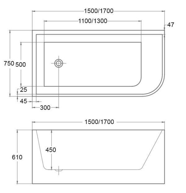 Ellie RHS Corner bath tub 1500mm Gloss White