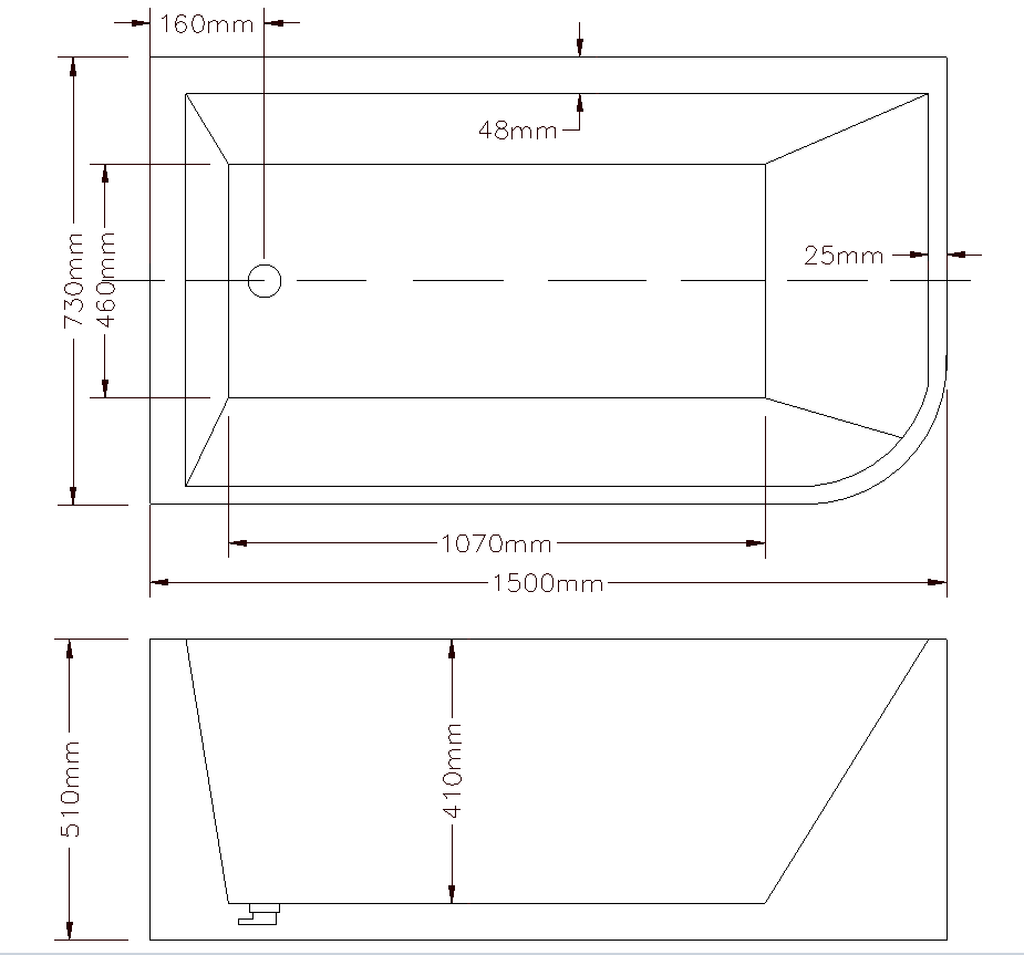 Clayton LHS Corner Free Standing Bath 1500x730x510mm