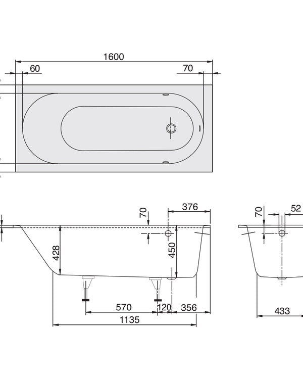 Oberon 1600 Drop In Bath No Overflow