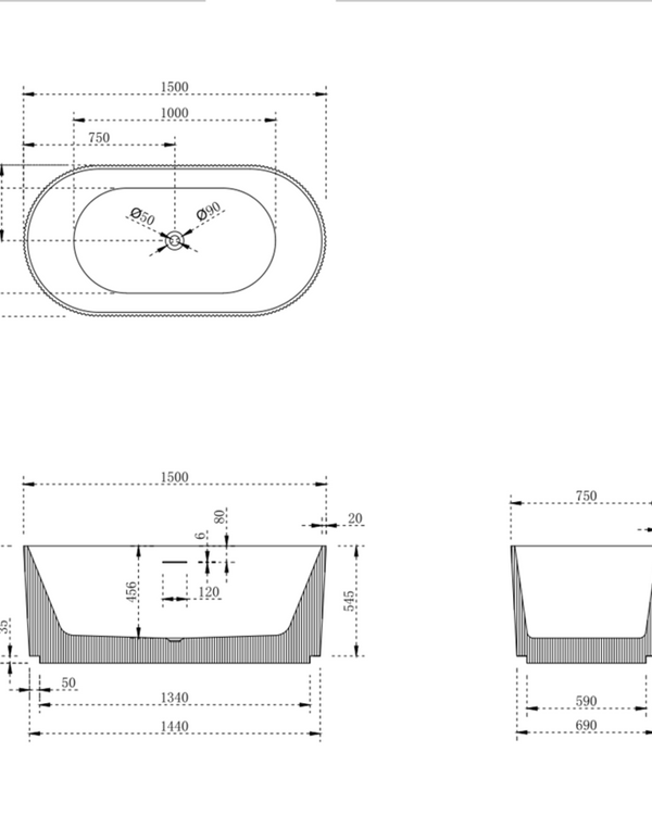 V-groove round bath 1500mm (matte white)