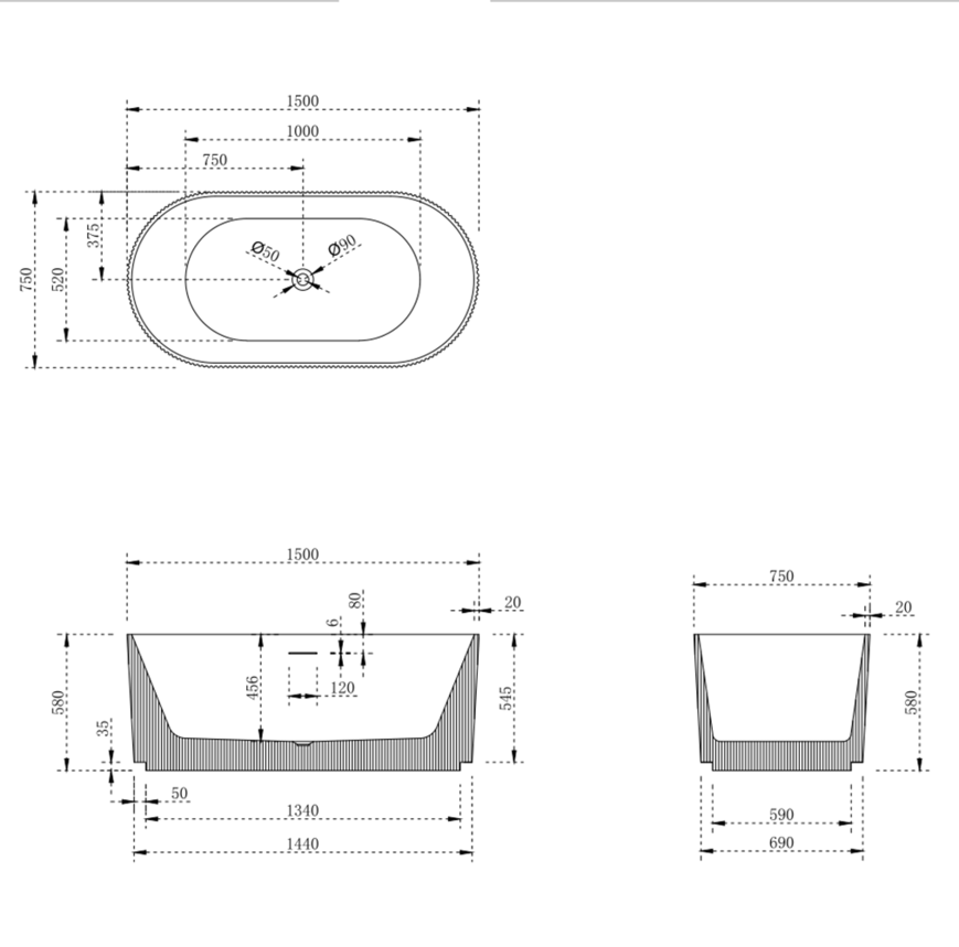 V-groove round bath 1500mm (matte white)
