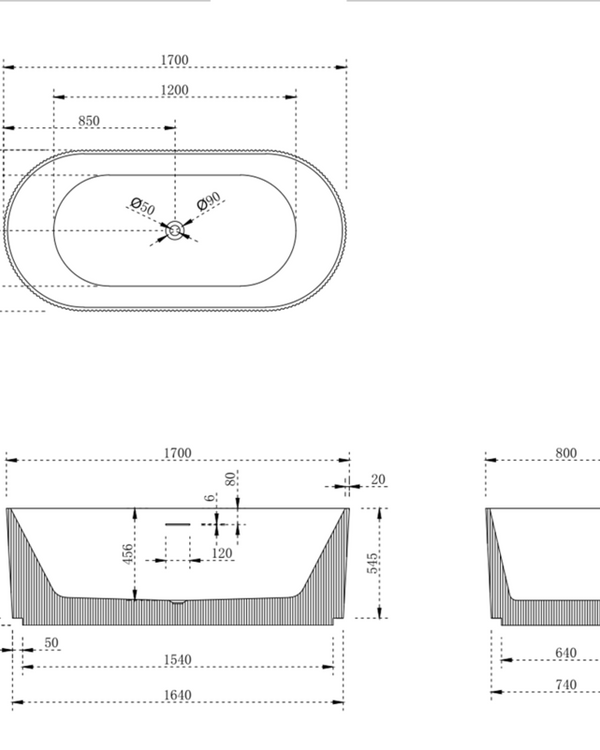 V-groove round bath 1700mm (matte white)