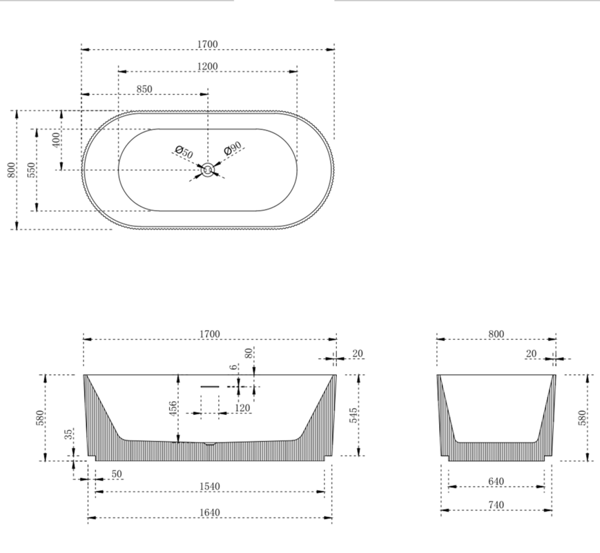 V-groove round bath 1700mm (matte white)