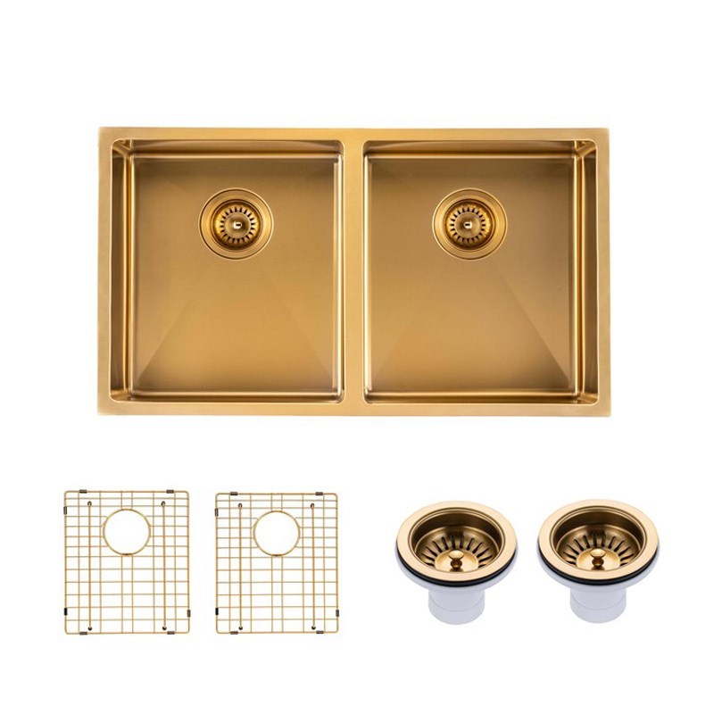 770x450x215mm Brushed Brass Stainless Steel PVD Double Bowl Kitche Sink