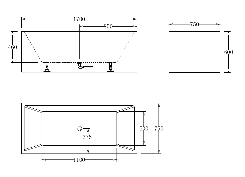 1700mm Square Multi Fit Bath Tub