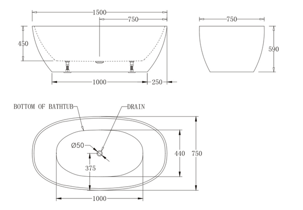 1500mm Egg Shape Free Standing Bath Tub