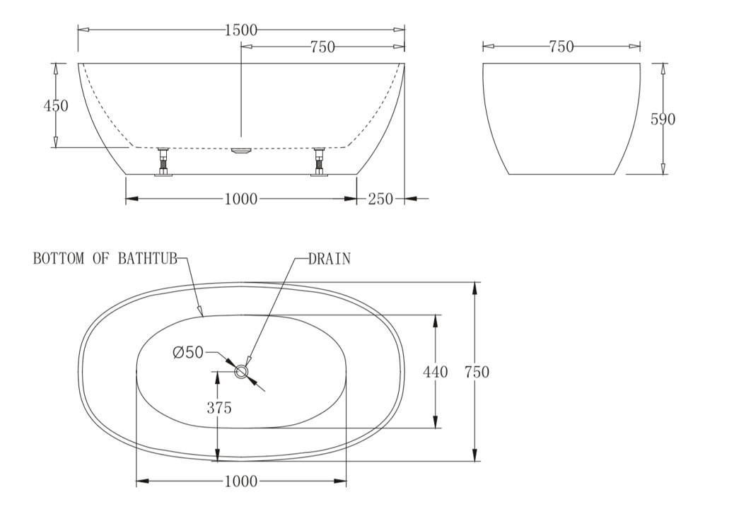 1500mm Egg Shape Free Standing Bath Tub