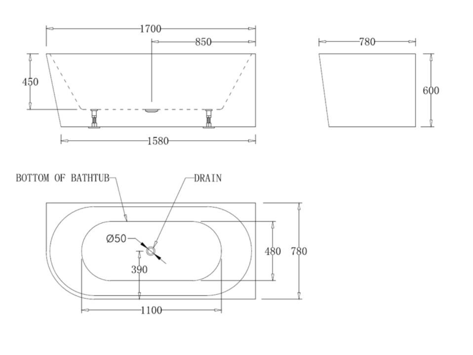 1700mm Right Hand Corner Fit Bath Tub