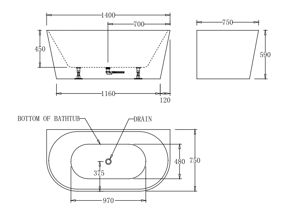 1400mm Round Back To Wall Bath Tub