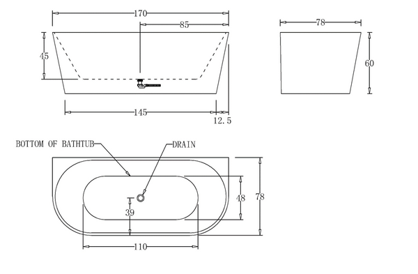 1700mm Round Back To Wall Bath Tub