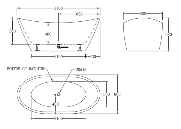 1700mm High Back Free Standing Bath Tub