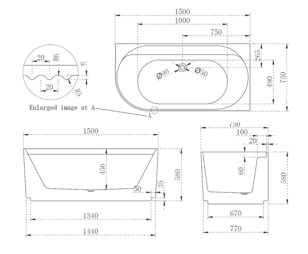 Pavilion Ribbed1500mm Right Hand Corner Fit Bath Tub