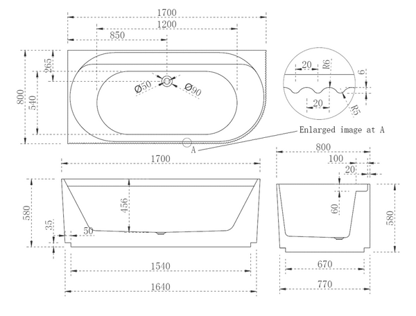 Pavilion Ribbed1700mm Left Hand Corner Fit Bath Tub