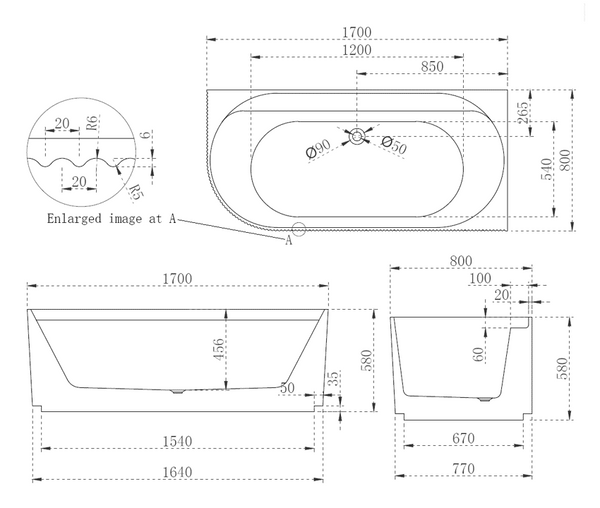 Pavilion Ribbed1700mm Right Hand Corner Fit Bath Tub