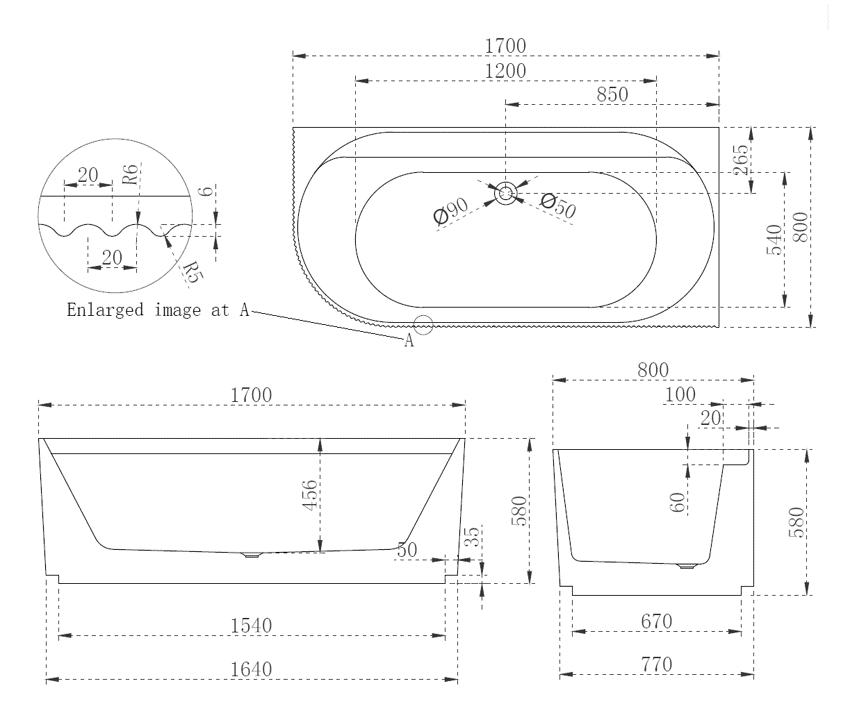 Pavilion Ribbed1700mm Right Hand Corner Fit Bath Tub