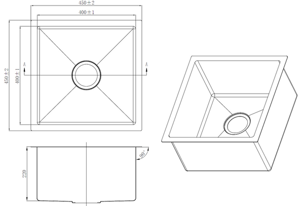 450x450x220mm Single Bowl Stainless Steel Sink