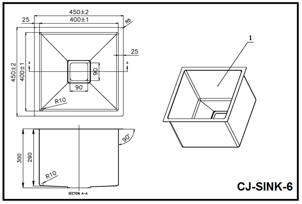 450x450x300mm Single Bowl Stainless Steel Sink