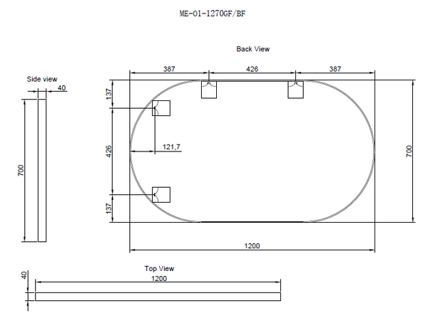 1200 x 700 x 45mm Brushed Nickel Frame without LED