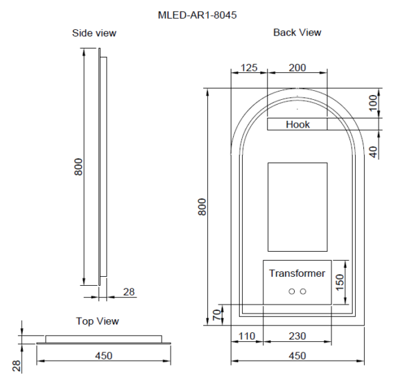 450 x 800 x 45mm Frameless LED