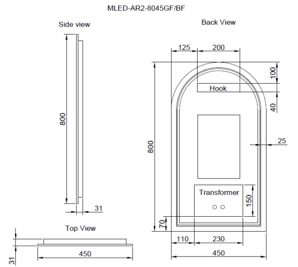 450 x 800 x 45mm Brushed Nickel Frame without LED