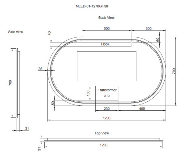 1200 x 700 x 45mm Black Frame LED Mirror
