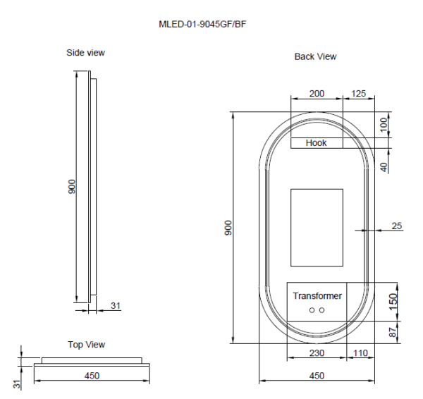 450 x 900 x 45mm Brushed Nickel Frame LED Mirror