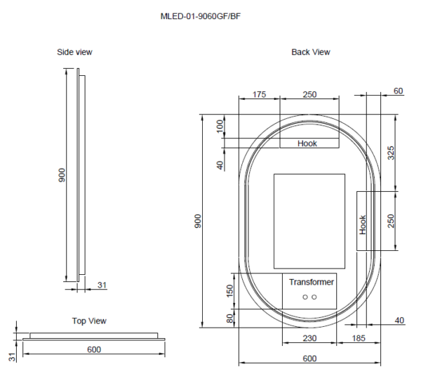 600 x 900 x 45mm Gold Frame LED Mirror