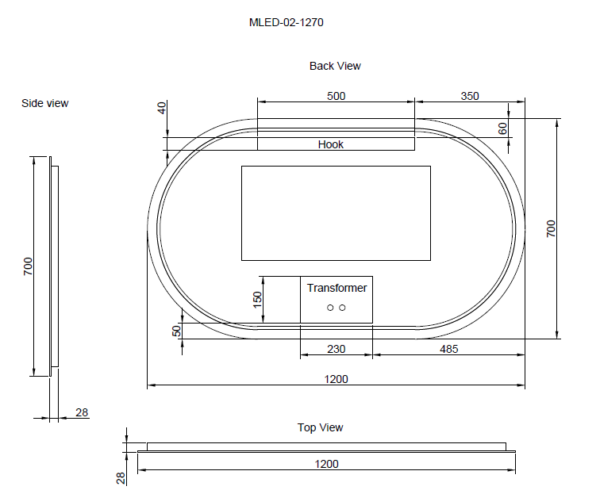1200 x 700 x 45mm Frameless LED