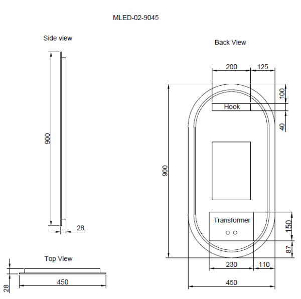 450 x 900 x 45mm Frameless LED