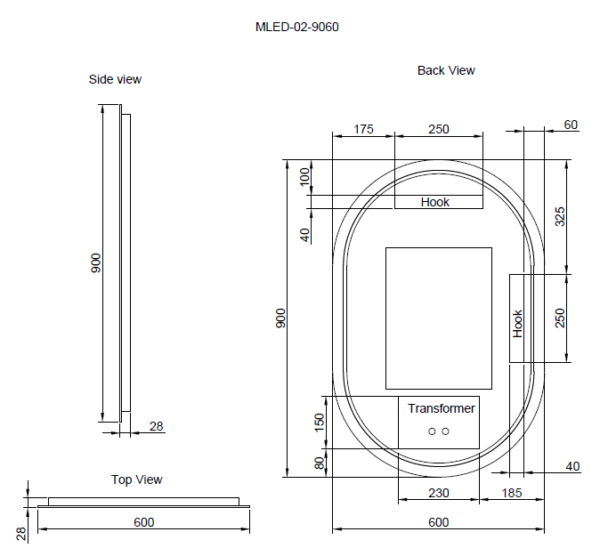 600 x 900 x 45mm Frameless LED