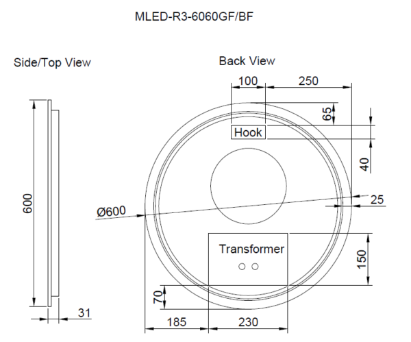 600 x 600 x 45mm Gold Frame LED Mirror