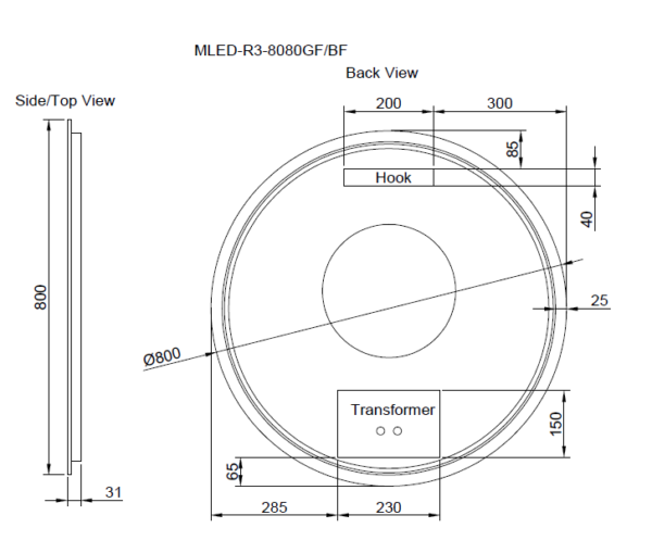 800 x 800 x 45mm Gold Frame LED Mirror