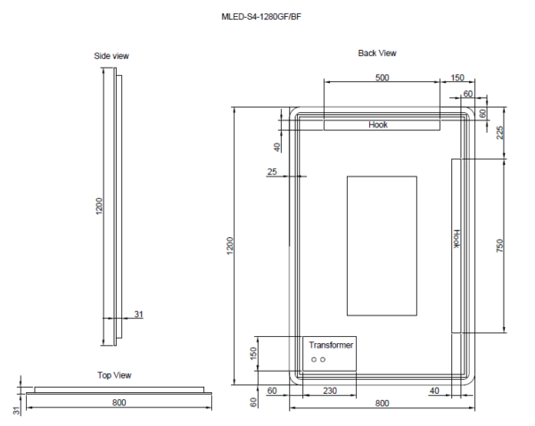 1200 x 800 x 45mm Gold Frame LED Mirror