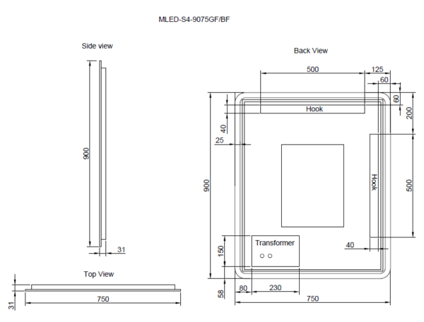 900 x 750 x 45mm Brushed Nickel Frame LED Mirror