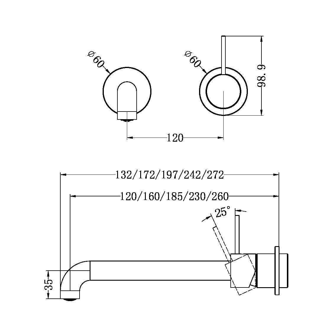 MECCA WALL BASIN/BATH MIXER SEPARATE BACK PLATE HANDLE UP 260MM GUN METAL