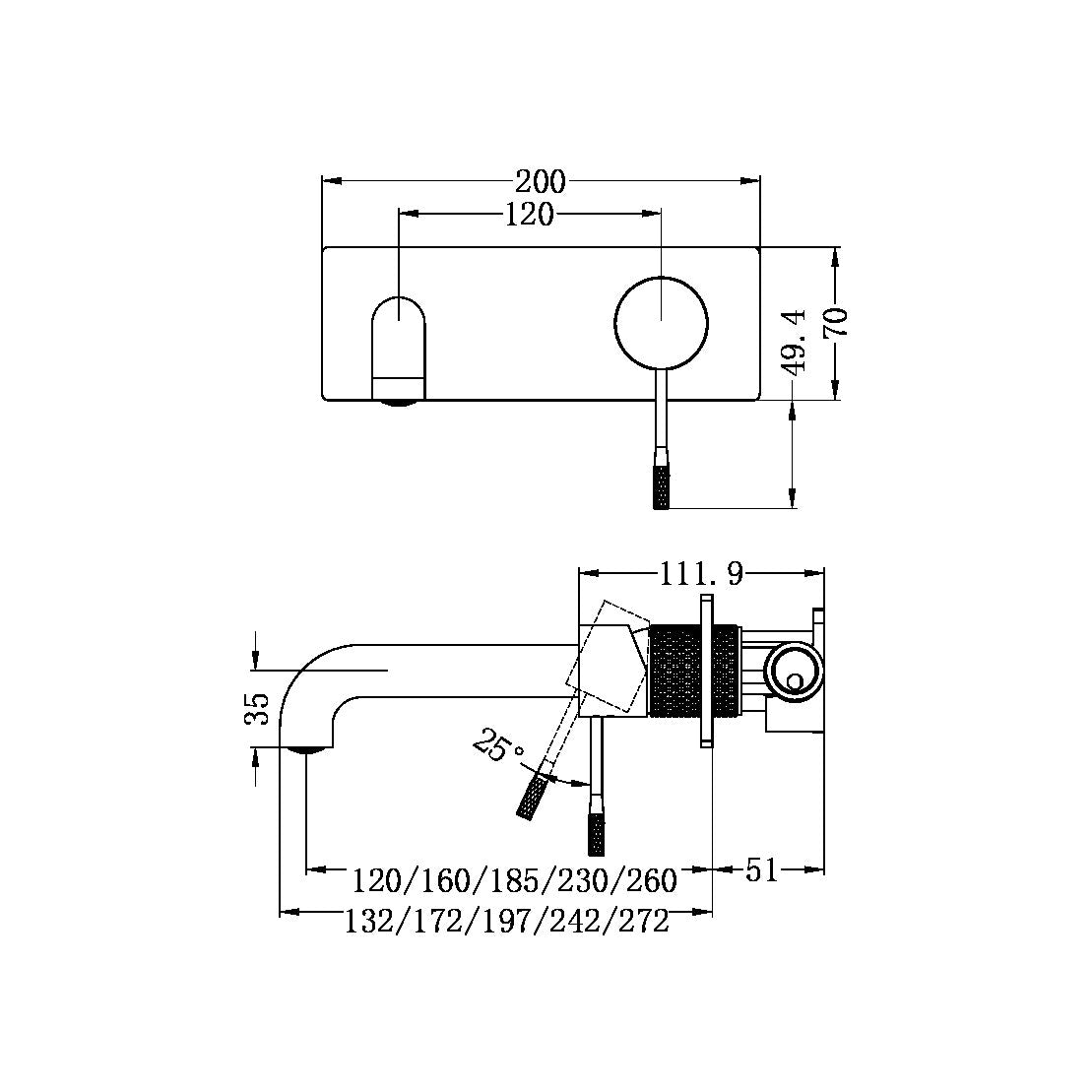 OPAL WALL BASIN/BATH MIXER 185MM BRUSHED BRONZE