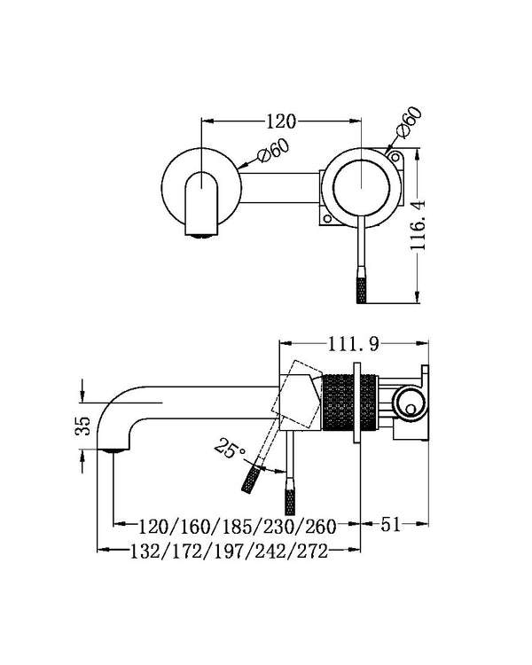 OPAL WALL BASIN/BATH MIXER SEPARATE BACK PLATE 160MM BRUSHED BRONZE