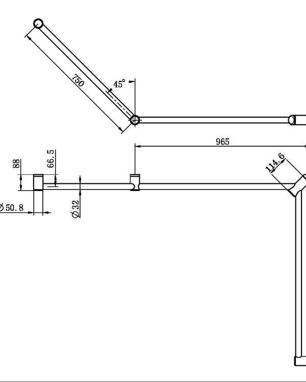 MECCA CARE 32MM DDA TOILET GRAB RAIL SET 45 DEGREE CONTINUOUS 750X965X1025MM CHROME