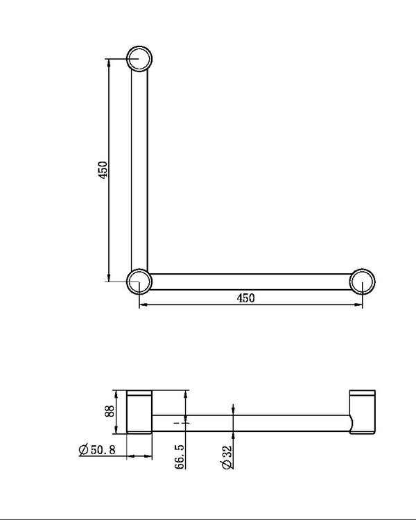 MECCA CARE 32MM AMBULANT TOILET GRAB RAIL 90 DEGREE 450x450MM CHROME