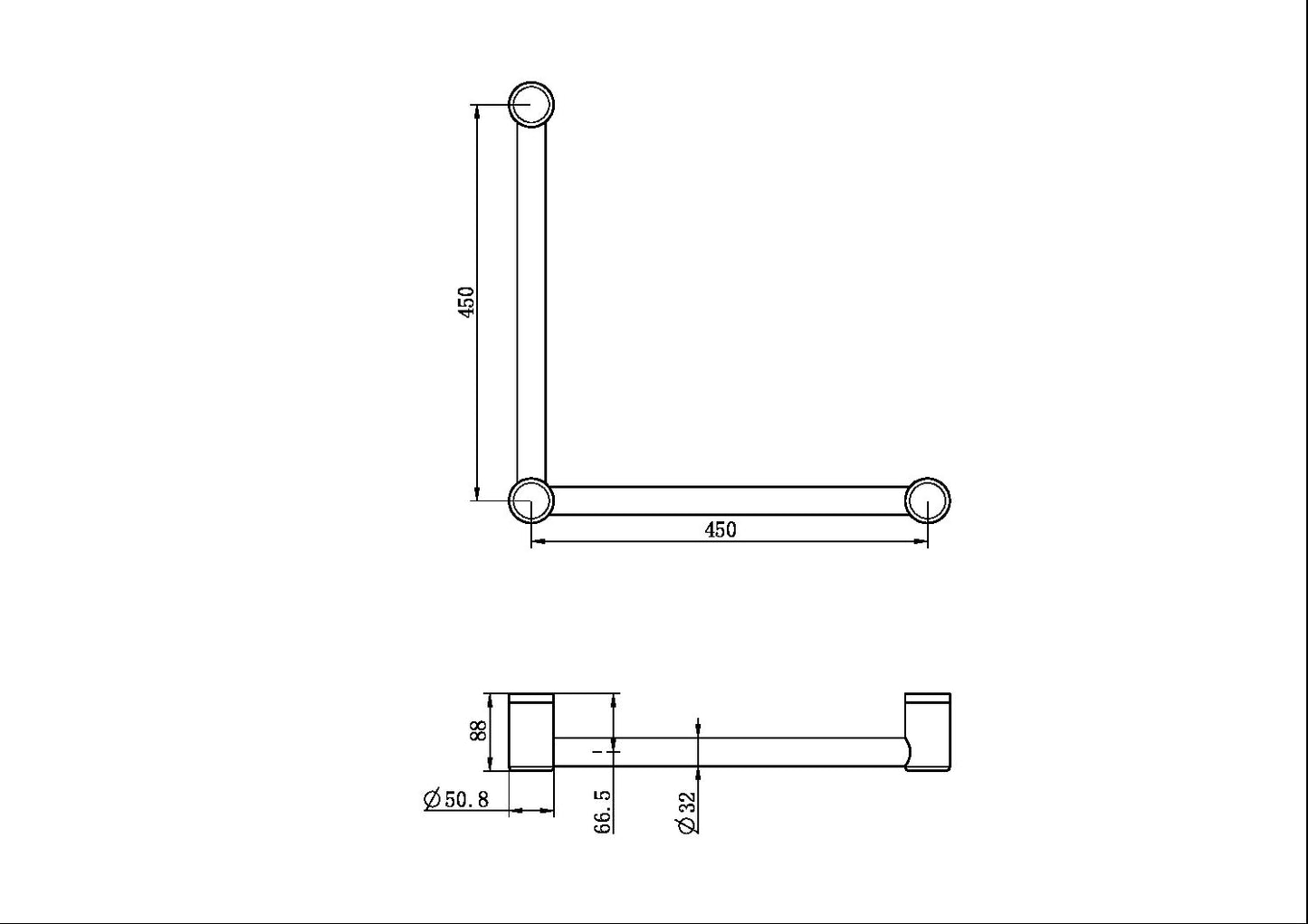 MECCA CARE 32MM AMBULANT TOILET GRAB RAIL 90 DEGREE 450x450MM BRUSHED GOLD